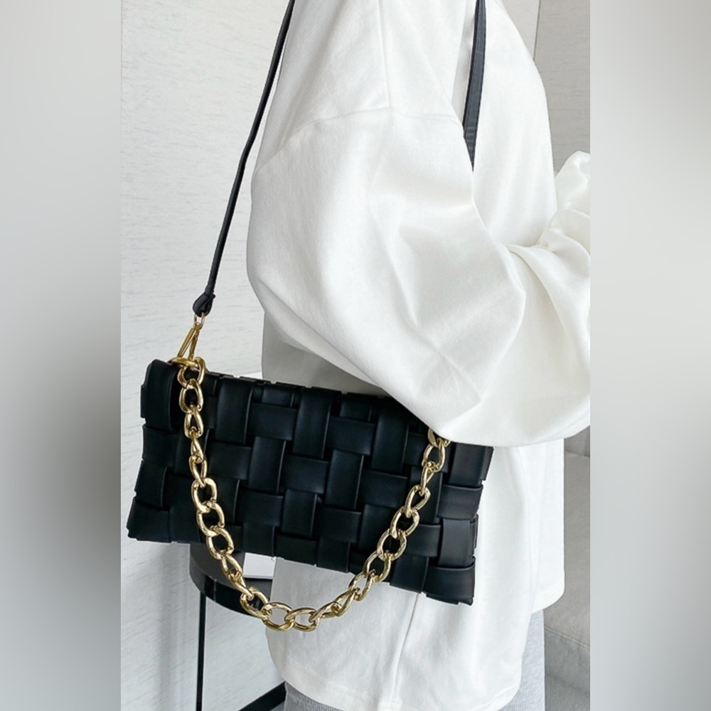 New!Black SOFT VEGAN LEATHER WOVEN WEAVED SHOULDER BAG